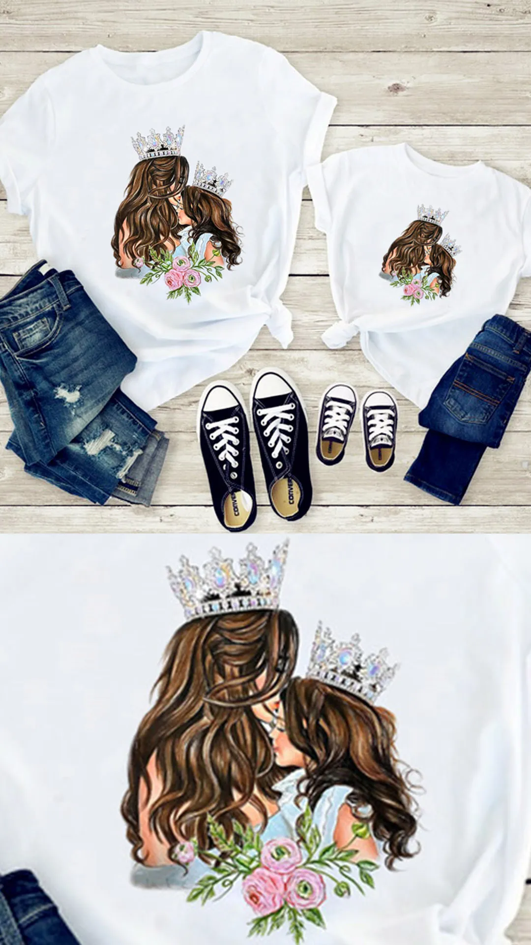 Einfaches Bedrucktes T-Shirt für Mutter und Kind mit Kurzen Ärmeln Rundhalsausschnitt und Mutter-und-Tochter-Motiv